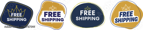 Free shipping labels with crown icons, premium gold and navy blue delivery badges, set of 4 e-commerce promotional stickers for retail marketing