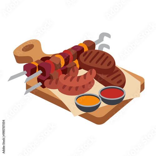 This image illustrates a tantalizing grilled meat platter placed on a wooden cutting board, featuring various sausages and sauces, capturing the essence of culinary delight and gastronomy.