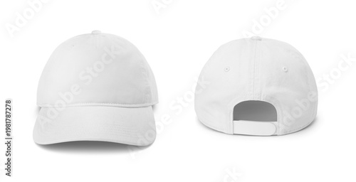 White baseball cap mockup front and back view isolated on white. This apparel template is perfect for clothing brand mockups and sports merchandise presentations.