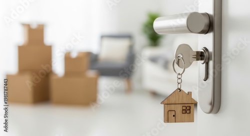 house key on door handle with cardboard boxes in background