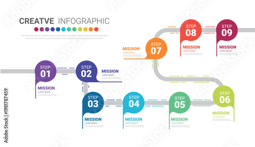 Infographic design template with 9 options, Can be used for process diagram, presentations, workflow layout, banner, flow chart, info graph.