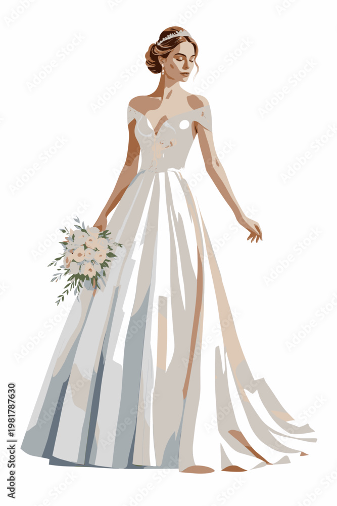Fototapeta premium Elegant Bride in Stunning White Wedding Dress Holding Floral Bouquet Digital Illustration for Wedding Invitations, Romantic Bridal Gown Design, Sophisticated Woman in Marriage Ceremony Fashion Art
