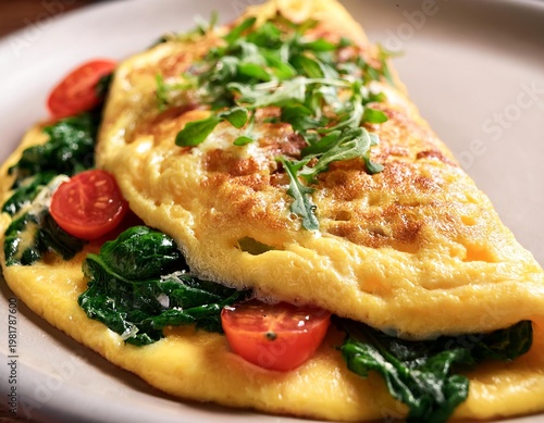 Healthy omelette with spinach, tomatoes, and fresh arugula