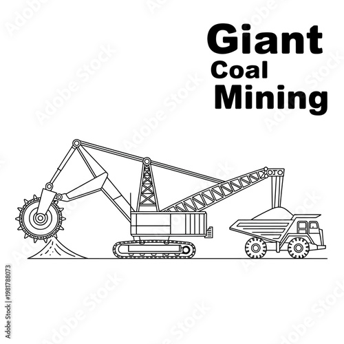 Giant coal mining excavator and truck in industrial setting