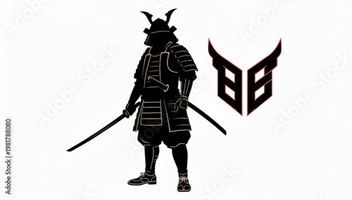 Samurai Armor Silhouette with Katana and Modern Logo Emblem Design