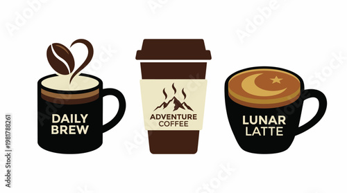 This image showcases three distinct coffee cups, each representing different themes like daily brew, adventure, and lunar latte, appealing to coffee lovers everywhere.