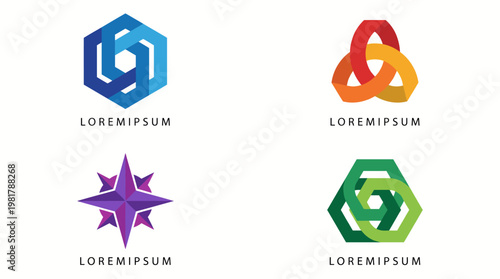 This digital collection of modern abstract logos features unique shapes and vibrant colors, perfect for use in branding and creative projects across various industries.