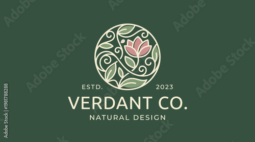 The logo features a delicate flower and swirling vines, emphasizing natural design. A harmonious blend of nature and elegance, perfect for a sustainable brand's identity.