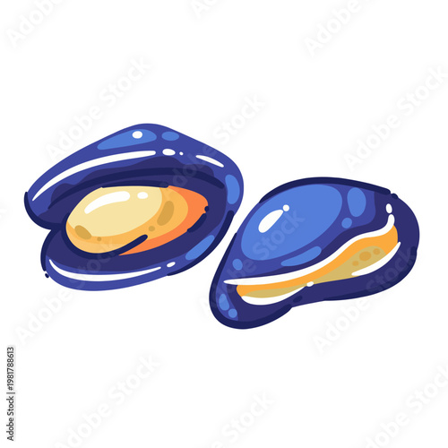 This eye-catching illustration displays two blue mussels in a colorful and artistic manner, ideal for seafood promotions, culinary arts, and ocean-themed content.