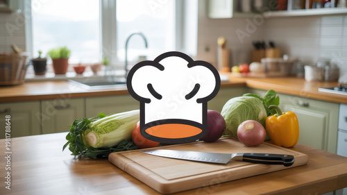 Chef Hat Icon On Cutting Board With Fresh Vegetables In Kitchen For Cooking Concepts
