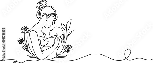 mother and baby continuous one line drawing, Mother and baby line art vector illustration, mothers day celebration background, Mother and baby in continuous one line drawing. Mothers day celebration