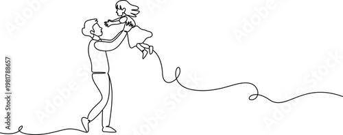 father and baby continuous one line drawing, Father and son in one continuous line drawing. Happy dad throws a child into the air in simple linear style. Family and fatherhood concept in editable