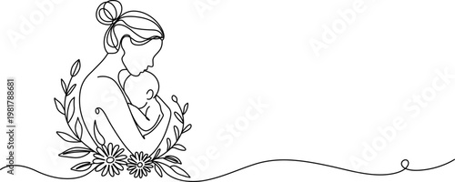 mother and baby continuous one line drawing, Mother and baby line art vector illustration, mothers day celebration background, Mother and baby in continuous one line drawing. Mothers day celebration