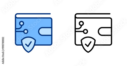 Encrypted Wallet thin line, solid icon set. Finance, Payment, Mobile Banking, Digital, Financial Technology concept. Black, blue outline vector shield icons.