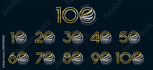 Set of modern vector logo designs for 10th to 100th anniversary with wing, in gold color for celebrations, weddings and birthdays	

