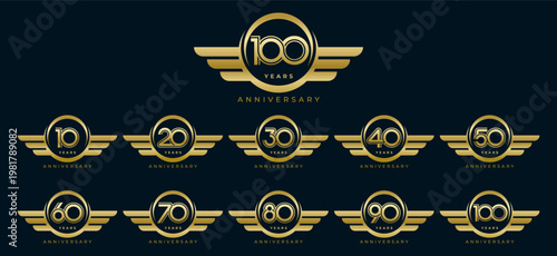 Set of modern vector logo designs for 10th to 100th anniversary with wing, in gold color for celebrations, weddings and birthdays	
