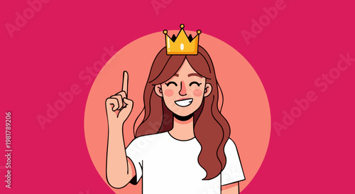 Cartoon woman wearing golden crown pointing finger up, happy queen character with royal tiara, successful female leader vector illustration