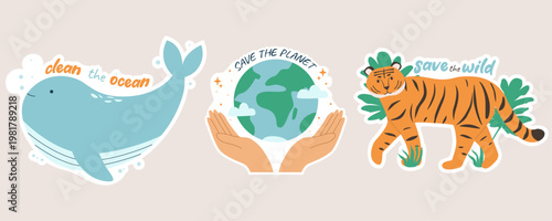 Set of eco-friendly stickers with whale, earth and tiger for environment protection.