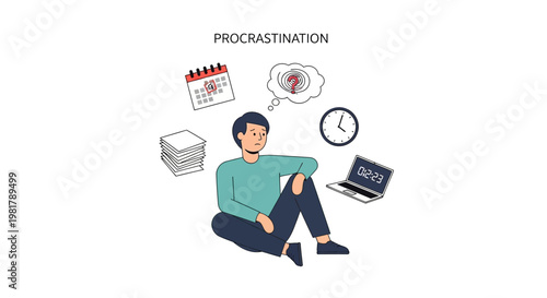 Procrastination concept, lazy man sitting with laptop, calendar and books, delay, distraction, time management