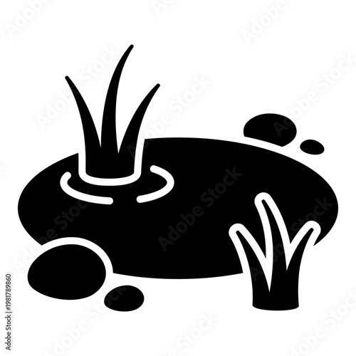 Pond with water plants icon, symbolizing natural landscape and rural environment. Bold solid vector for ecology, water source, and outdoor scenery.