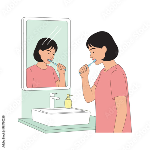 Woman brushing teeth in bathroom mirror