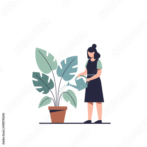 Woman watering a large houseplant
