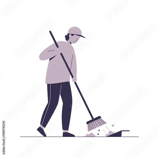 Person sweeping floor with broom and dustpan