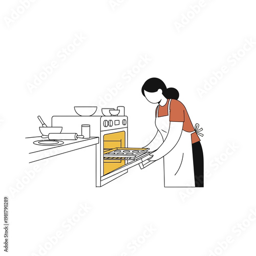 Woman Baking Cookies in Kitchen Oven