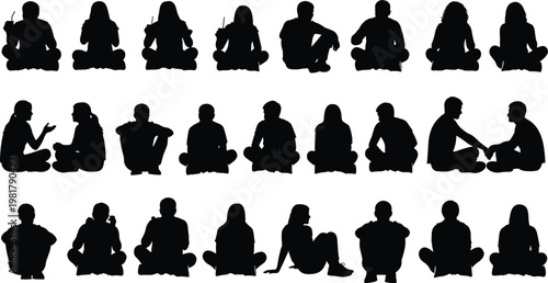 Black Silhouettes of People Sitting on Floor, Men and Women Relaxing, Talking, Drinking, and Socializing Isolated on White Background