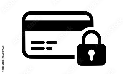 Credit card and padlock icon representing secure payment and financial data protection, black flat design symbol for banking security, online transaction safety concept