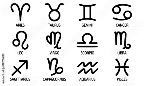 Complete set of twelve zodiac signs symbols with names, including Aries, Taurus, Gemini, Cancer, Leo, Virgo, Scorpio, Libra, Sagittarius, Capricorn, Aquarius, and Pisces