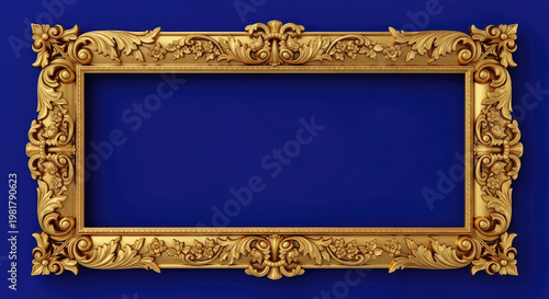A gold picture frame with an ornate design against a blue background