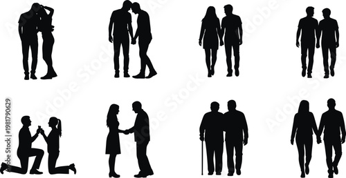 Black Silhouettes of Romantic Couples and Partners, People in Love, Marriage Proposal and Senior Couple Walking Isolated on White