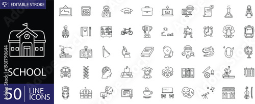 School icons set. Includes symbols of education, classroom, books, teacher, students, learning tools, and academic elements. Editable stroke. Vector illustration.