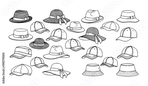 Elegant line art brimmed hats and caps with ribbons vector set isolated on white background for fashion branding and design