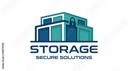 This logo showcases a modern secure storage solution with stylized buildings and a padlock, emphasizing safety and reliability in storage services for businesses and homes.