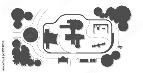 Top View Playground Site Plan Silhouette Vector Set, Overhead Perspective Solid Black Park Layout and Equipment for Architectural Maps and Urban Design
