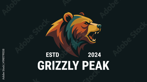 This striking logo features the fierce head of a grizzly bear, rendered in vibrant colors, symbolizing strength and nature's raw power for outdoor and adventure brands.