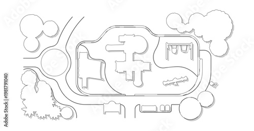 Top View Playground Site Plan Outline Vector Set, Overhead Perspective Thin Line Park Layout and Equipment for Architectural Documentation and Site Analysis