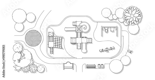 Top View Playground Site Plan Vector Set, Overhead Perspective Minimalist Park Layout with White Fill for Architectural Plans and Landscape Design
