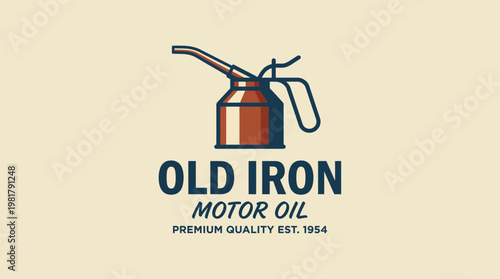 Old Iron Motor Oil logo presents a vintage oil can design, symbolizing durability and quality in automotive products, reflecting trust and reliability in oil manufacturing since 1954.
