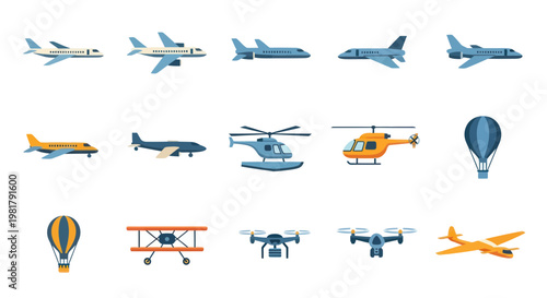 Diverse Aircraft Collection: Jets, Helicopters, Drones, Biplane, Hot Air Balloons