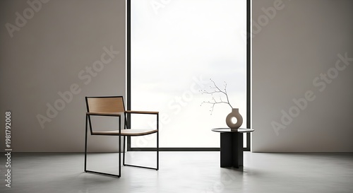 Minimal wooden chair with small decor vase in clean modern interior soft lighting neutral tones aesthetic lifestyle concept high quality