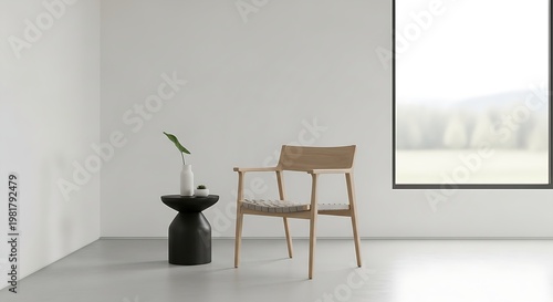 Single wooden chair with small plant minimal interior design concept clean background aesthetic modern lifestyle high quality image