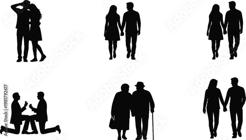 Black Silhouettes of Romantic Couples and Partners, People in Love, Marriage Proposal and Senior Couple Walking Isolated on White