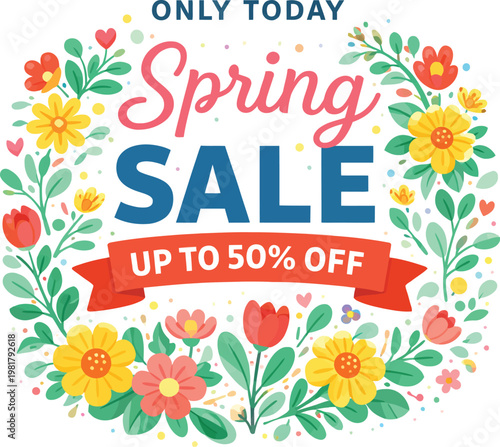 Spring sale badge with floral frame and fifty percent off discount