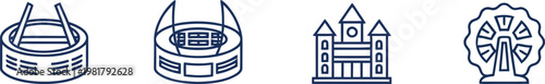 Modern line icons of world landmarks and entertainment venues including sports stadium arena historical castle and ferris wheel for travel and event design