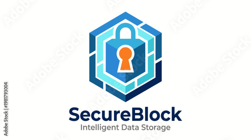 This image showcases a modern logo for SecureBlock featuring a locked padlock integrated into a hexagonal design, emphasizing data security and intelligent storage solutions.