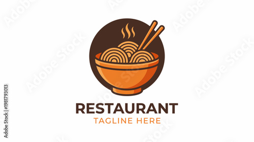 This appealing image presents a logo concept for a noodle restaurant, showcasing a traditional bowl of noodles and chopsticks, emphasizing delicious Asian cuisine.