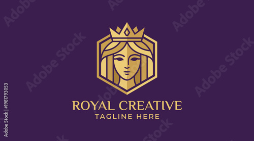 An elegant logo featuring a stylized representation of a woman with a crown, symbolizing creativity, empowerment, and royal elegance suitable for creative industries.